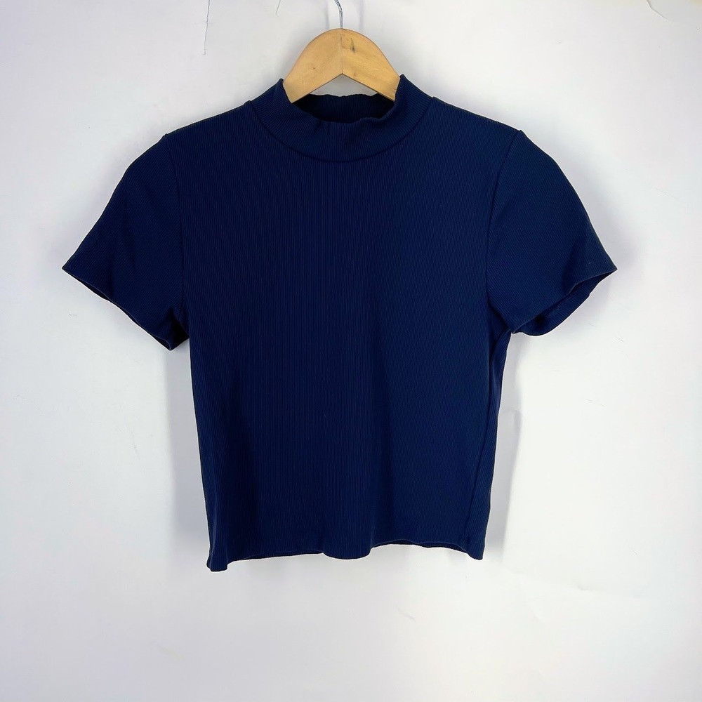 Babaton Navy Blue Ribbed Mock Neck Short Sleeve Top 99124 Mens Size L